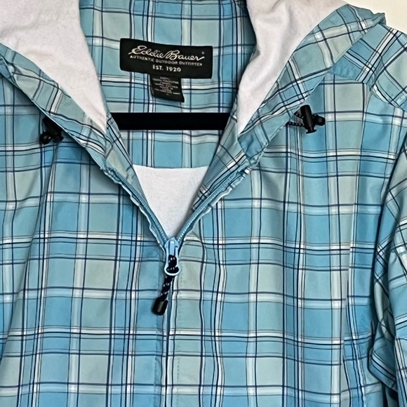 Eddie Bauer Hooded Jacket Womens SZ Large Full Zip Blue Plaid Pocket On Sleeve - Picture 2 of 9